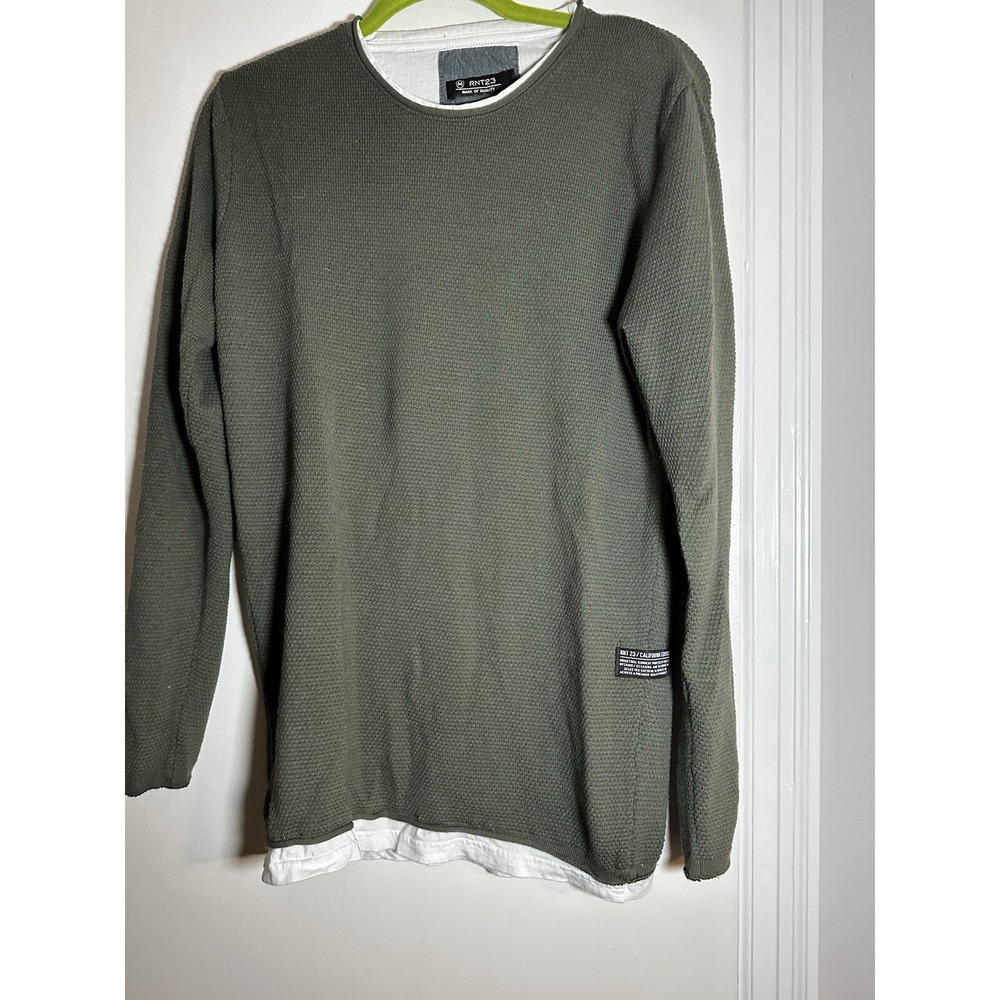 Ron Tomson Los Angeles Men's Waffle Knit Pullover. Green. Raw Edge. Mock Layer